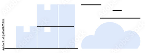 Stacked boxes conveying organization sit beside a cloud with minimalist strokes. Ideal for logistics, supply chain, storage, warehouse management, cloud computing, minimalism, simple landing page