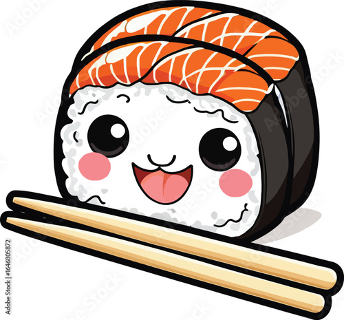 Cute Sushi Roll Character With Chopsticks Whimsical Vector Illustration For Food And Beverage Designs Restaurant Menus And Playful Educational Materials