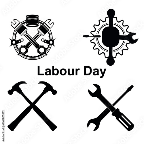 Various black tool silhouettes represent Labour Day with mechanical assembly on a white backdrop