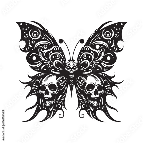 Black Butterfly with Skull and Ornate Wing Designs on White Background Keywords: butterfly, insect, silhouette, black, white, skull, ornate, intricate, pattern, wings, symmetrical, design, graphic