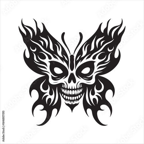 Black Silhouette Butterfly with Skull Face and Flame Wings skeleton death