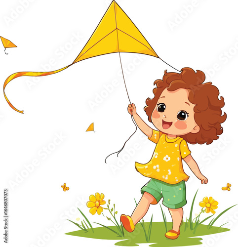 Cartoon Girl Flying Kite Cute Vector Illustration For Childrens Books Educational Materials And Spring Themed Designs