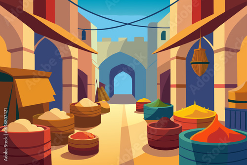 Vibrant middle eastern market scene with colorful spices and architecture