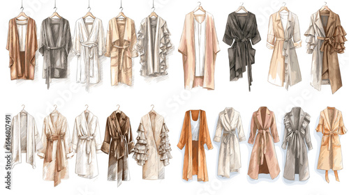 Watercolor fashion illustration set of luxury silk robes and kimonos in neutral and warm tones. Ideal for sleepwear, loungewear, and bridal morning designs.