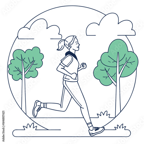 A woman enjoys a healthy outdoor run through a park surrounded by trees and clouds embracing an active lifestyle