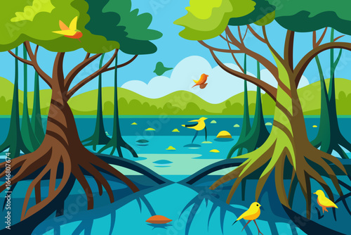 Stylized illustration of birds in a mangrove forest with intricate root systems