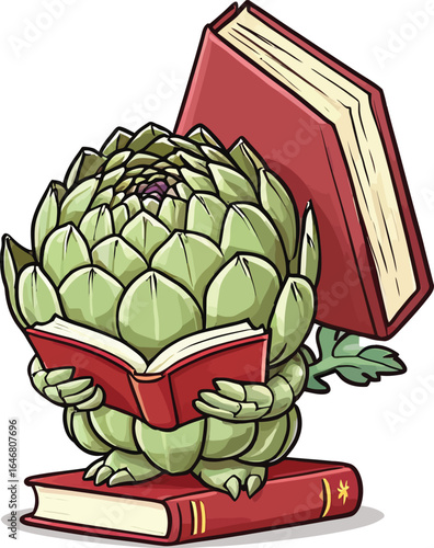 Cute Artichoke Reader Whimsical Vector Illustration For Childrens Books Educational Materials And Creative Design Projects Portraying A Funny Vegetable Character Deeply Engrossed In Reading