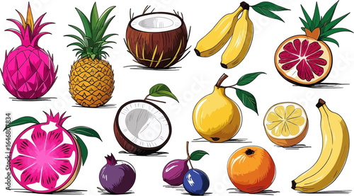 Fruits  pineapples, coconuts, bananas, plums  displayed together. Suitable for food, health, tropical themes, and more.