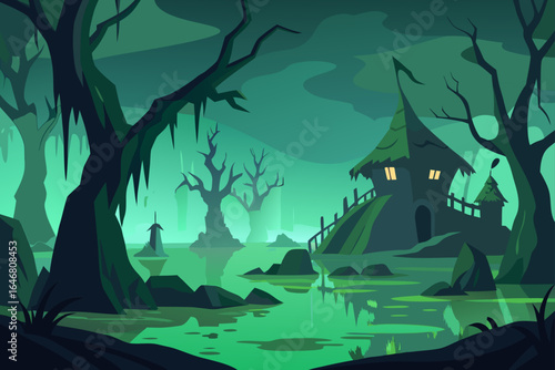 Spooky swamp landscape with a haunted house and dead trees