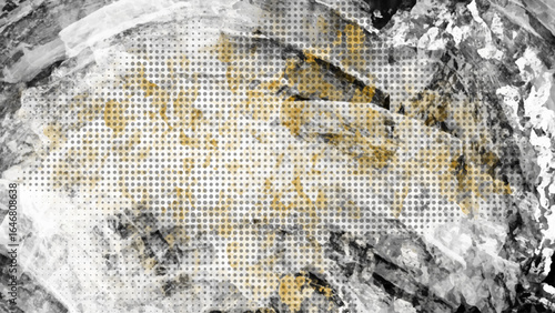Minimalist black and white grunge texture background with halftone, rough brush strokes, abstract ink splashes, vintage film dust, distressed paint stains, and modern artistic border frame
