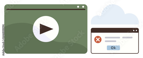 Green video player with play button next to error popup window over cloud background. Ideal for technology, media, UI design, error handling, systems, troubleshooting, online tools. Simple flat
