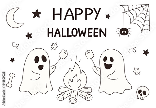 Trick or treat. Two ghosts roasting marshmallows over a campfire at night under the moon isolated on white background, doodle style drawing for Halloween design, coloring pages