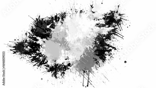 Minimalist black and white grunge texture background with subtle grain, rough brush strokes, abstract ink splashes, vintage film dust, distressed paint stains, and modern artistic border frame