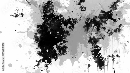 Minimalist black and white grunge texture background with subtle grain, rough brush strokes, abstract ink splashes, vintage film dust, distressed paint stains, and modern artistic border frame