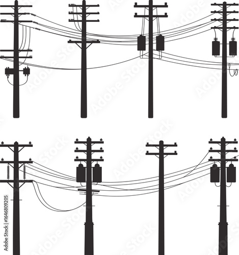 Electric utility poles silhouette with transformers, wires and cables, power distribution system, infrastructure elements, isolated vector art, energy transmission lines