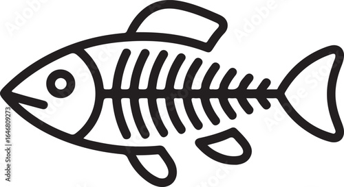 Simple line art icon of a fish skeleton showing ribs and tail fin