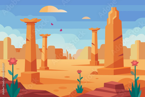 Ancient desert ruins with towering columns and blooming flowers under a blue sky