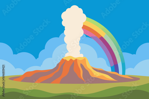Cartoon volcano erupting with smoke and a rainbow in the sky