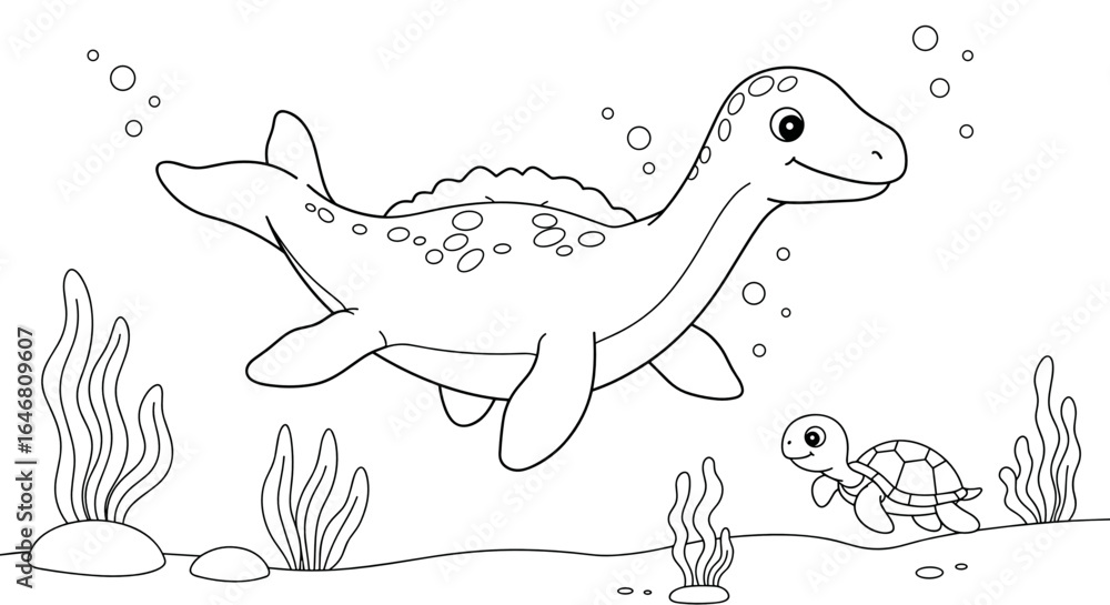 Obraz premium Coloring page featuring a friendly dinosaur swimming with a turtle 