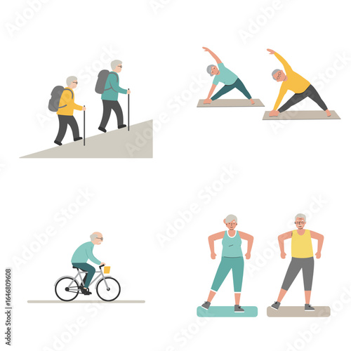 Elderly couple engaged in fitness, a set of vector illustrations