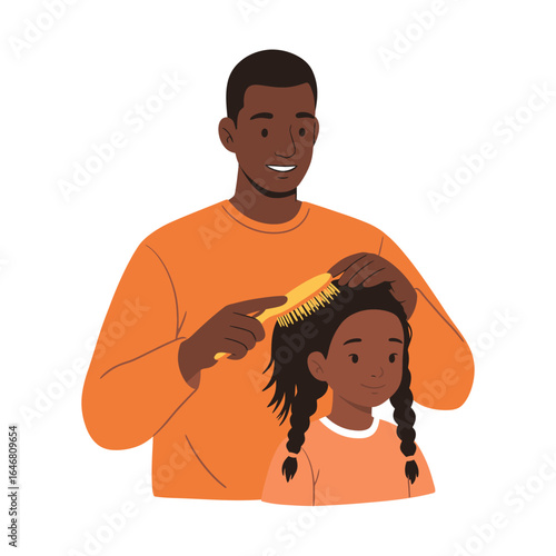 Loving Black father tenderly combing his young daughter's braided hair, a heartwarming depiction of family bonding and gentle parenthood.