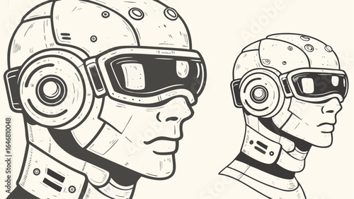 Two outlined futuristic cyborg heads with helmet and goggles in a side view sketch illustration style