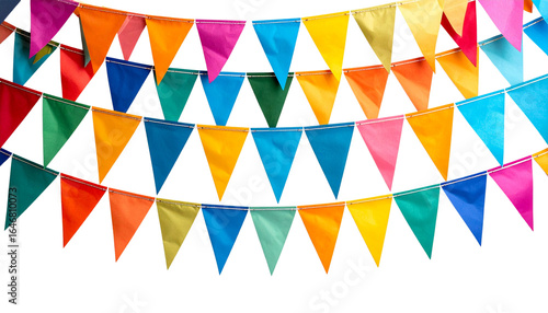 Festive Carnival garlands and bunting. Colorful triangle flags on rope for decoration of party, holiday, event, festive, celebration. Colorful pennants for banner, flyer template Vector design element