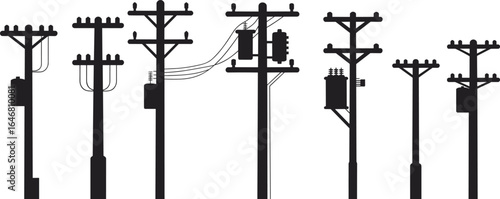 Silhouette set of electric utility poles with power lines, transformers, and insulators, isolated vector illustration for energy infrastructure design