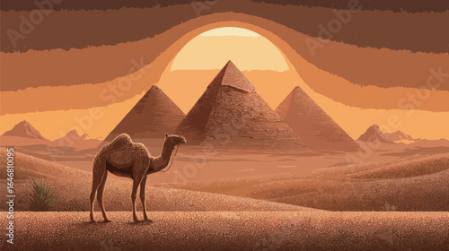 A camel is standing in the desert in front of the pyramids. The sun is setting in the background