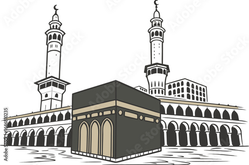 Realistic Kaaba Illustration. Kaaba in Masjid al Haram Makkah. Islamic Holy Kaaba Artwork. Kaaba with Black Kiswah Cloth Design. Realistic Kaaba Exterior in Makkah. Sacred Kaaba in Saudi Arabia