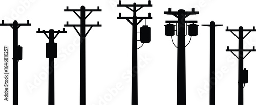 Silhouette set of utility poles, electric power lines, transmission towers with transformers and insulators, isolated vector illustration for infrastructure design