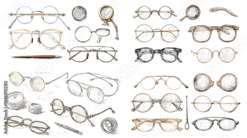 Artistic collection of vintage and modern eyeglasses illustrations in various styles, perfect for fashion design, eyewear branding, and retro accessory concepts.