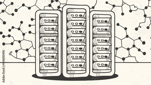 Illustration of three server racks with multiple hard drives against a network background design