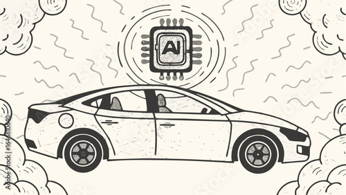 Illustration of a self driving car with ai chip above surrounded by clouds and abstract lines in black and white