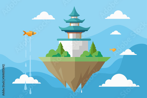 Floating island with pagoda and flying fish in the sky