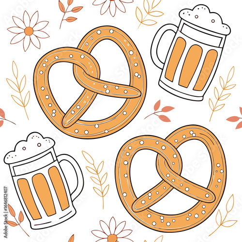 A charming hand drawn illustration featuring a delightful pattern of classic pretzels and frothy beer mugs accented by delicate floral and leaf motifs