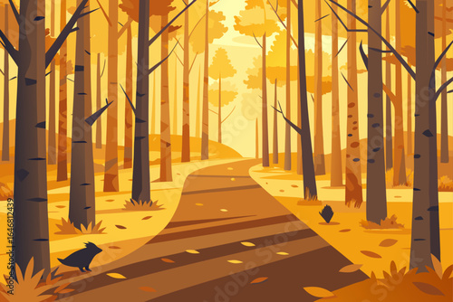 Autumn forest path with a small black animal and falling leaves