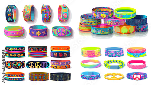 Vibrant hippie-style wristbands set with psychedelic patterns, peace signs, and colorful designs, perfect for retro fashion, festivals, and boho accessories.