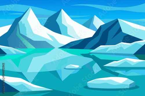 Stylized arctic landscape with jagged icebergs and mountains reflected in water