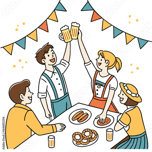 Friends in traditional german attire celebrate with beer and pretzels under festive bunting at a lively outdoor gathering enjoying good food and company
