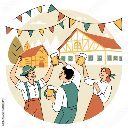 Joyful oktoberfest celebration with friends raising beer mugs in front of traditional bavarian buildings under festive bunting