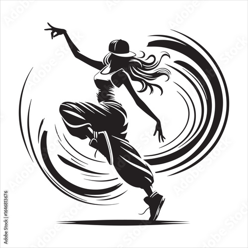 Silhouette of a female hip hop dancer in a dynamic pose with swirling abstract elements breakdance street dance