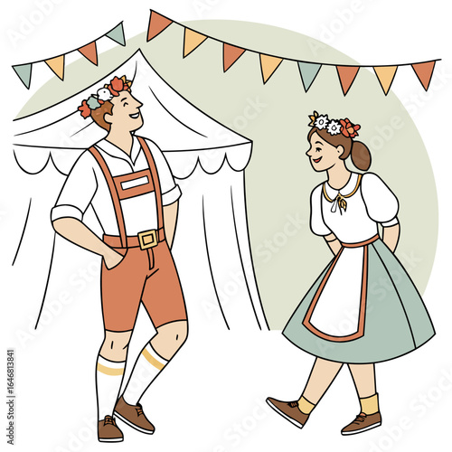 Joyful couple in traditional bavarian attire with flower crowns celebrates under festive bunting and a tent