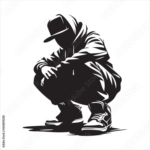 Silhouette of a Person in a Hoodie and Cap Crouching Down squatting