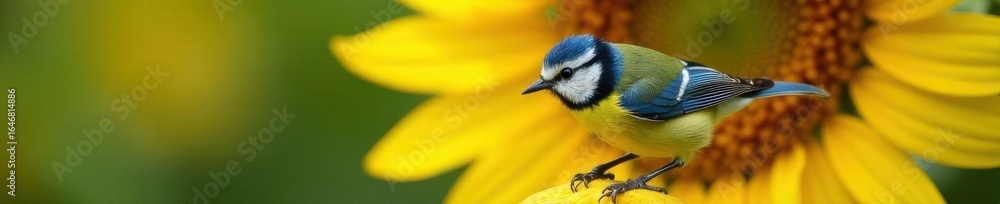 Naklejka premium Blue tit feeding on sunflower seed, bright yellow chest, head, seed, closeup