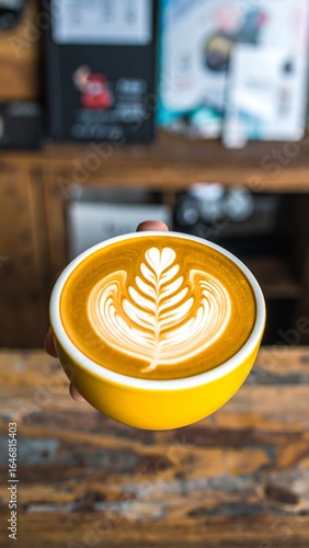 A yellow cup of latte art is held above a wooden surface