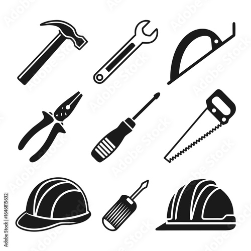 Black and white icons of construction tools and safety helmets on white background hammer