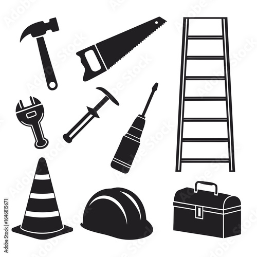 Black silhouettes of construction tools and safety equipment on white background hammer