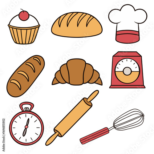Collection of cartoon baking items including cupcake bread loaf croissant chef hat food