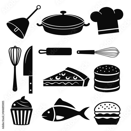 Collection of black silhouette food and kitchen utensil icons on white background cooking